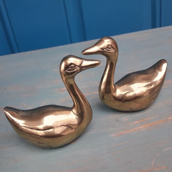 Brass Ducks Geese Set of 2 Vintage Figurine Birds Animals MCM Mid Century Gold - Picture 16 of 16